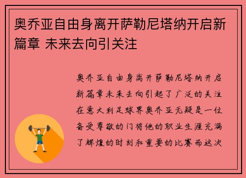 奥乔亚自由身离开萨勒尼塔纳开启新篇章 未来去向引关注