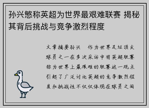 孙兴慜称英超为世界最艰难联赛 揭秘其背后挑战与竞争激烈程度